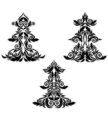 Christmas trees - white and black design. Vector set of stencils.
