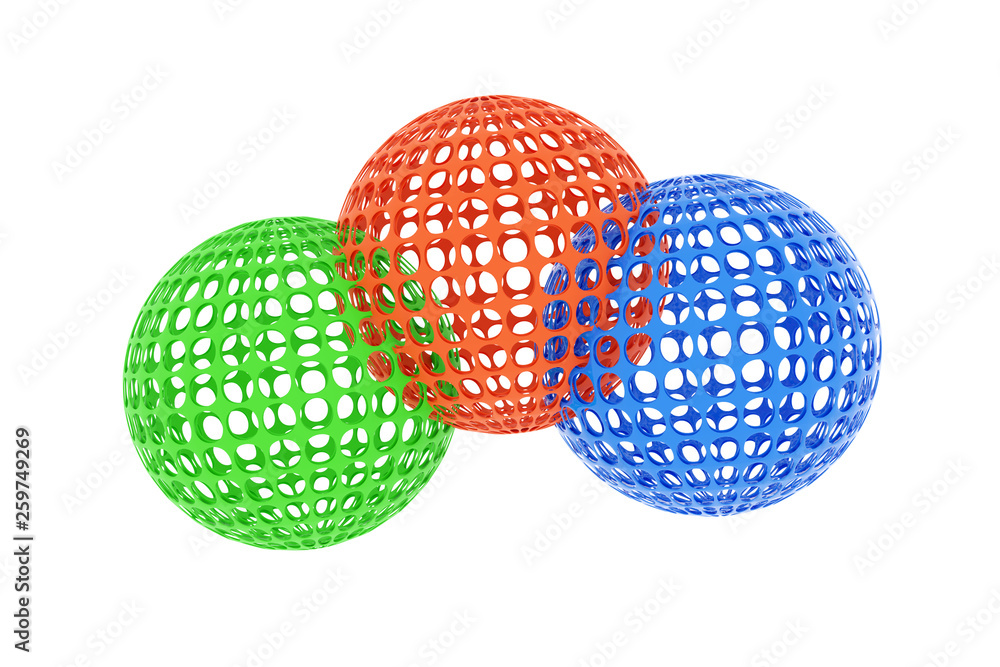 Poster 3d rendering of 3 diffrent colored wireframe balls