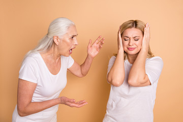 Portrait of nice attractive charming gloomy grumpy moody frustrated nervous desperate ladies...