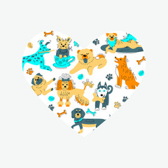 Heart shape with hand drawn sketch style dogs. Flat and line style vector illustration isolated on background.