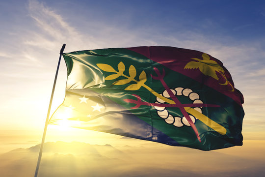 Chimbu Simbu province of Papua New Guinea flag waving sunrise mist fog