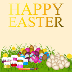 Easter eggs on the green grass. Seasonal holidays in April. Colorful egg and flowers.Banner