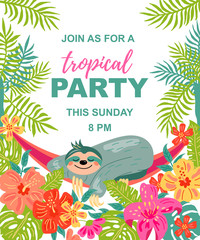 Cartoon sloth is sleeping in hammock under palm trees. Tropical party vector illustration. Place for your text. Seasonal template for vacation, poster, banner, flyer, invitation. Flat and line style.