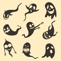 Vector set of scary,angry ghost apparition spook horror a friend ghost funny starry sky.Halloween silhouette spirits