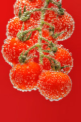 Ripe red cherry tomatoes on branch submerged in water with bubbles. Bright smooth red background.