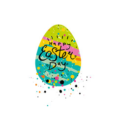Happy Easter Day. Vector template with gift easter egg and colorful sweet dressing. Bright easter logo hand drawn paint brush. Flat design colorful egg and handwritten wish phrase.