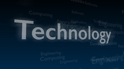 Deep blue background with different words, which deal with technology. Close up. Copy space. 3D.