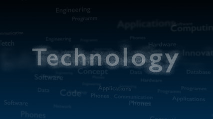 Deep blue background with different words, which deal with technology. Close up. Copy space. 3D.