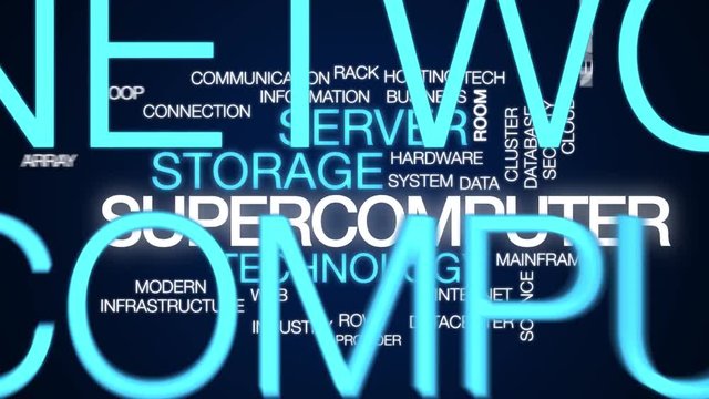 Supercomputer animated word cloud. Kinetic typography.
