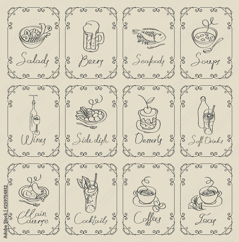 Poster vector set of sketches of different dishes with handwritten inscriptions framed with swirls on a bei