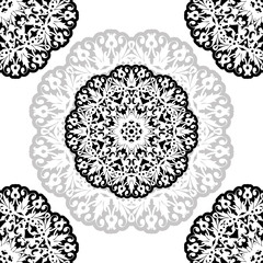 Women's lace seamless brush tape. Floral exquisite vintage pattern, wide handmade ornament. Ethnic fabrics, motifs for clothing, clothing, packaging, signage and website. black-white. Vector EPS 10