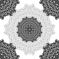 Women's lace seamless brush tape. Floral exquisite vintage pattern, wide handmade ornament. Ethnic fabrics, motifs for clothing, clothing, packaging, signage and website. black-white. Vector EPS 10