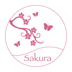 Sakura branch, butterflies. Japan design element