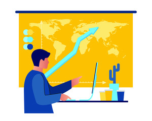 Team leaders are sitting at the desk, talking and looking into the computer, tablet and telephon. Increase sales and skills, thinking and brainstorming, analytics of company information.