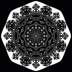 Black and white round ethnic mandala, vector illustration on white background. Can be used for coloring book, greeting card, phone case print, etc. Islam, Arabic, Pakistan, Moroccan, Turkish motifs
