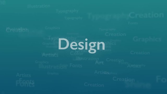 Light blue background with different words, which deal with design. Close up. Copy space. 3D. Animatiom. 4K.