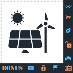 Solar panel and windmills for energy icon flat