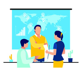 Team leaders are sitting at the desk, talking and looking into the computer, tablet and telephon. Increase sales and skills, thinking and brainstorming, analytics of company information.