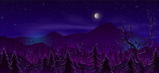 Cold and wild northern land night landscape cartoon vector in violet neon color with full moon disk in mist mountain peak or hill, spruce forest and tree with bare branches in fog at foot illustration