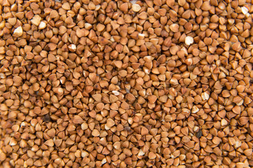 buckwheat groats scattered on white background