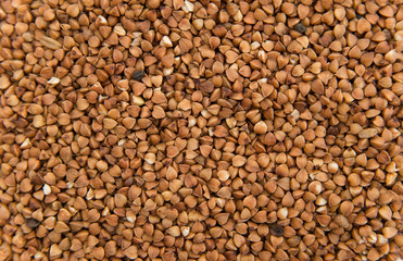 buckwheat groats scattered on white background
