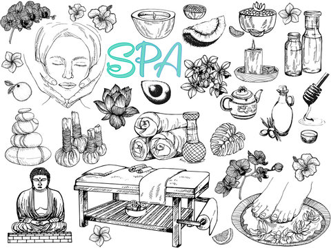 Big set of hand drawn sketch style day spa themed objects isolated on white background. Vector illustration.