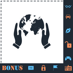Hands holding globe earth icon flat