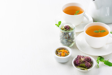 cup of herbal tea, white background