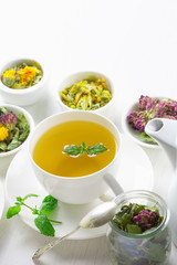 cup of herbal tea, white background