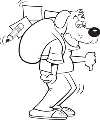 Black and white illustration of a dog with a large backpack giving thumbs down.