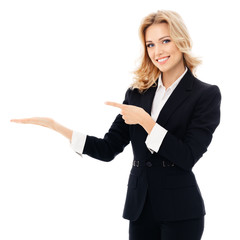 businesswoman, showing something or copyspace