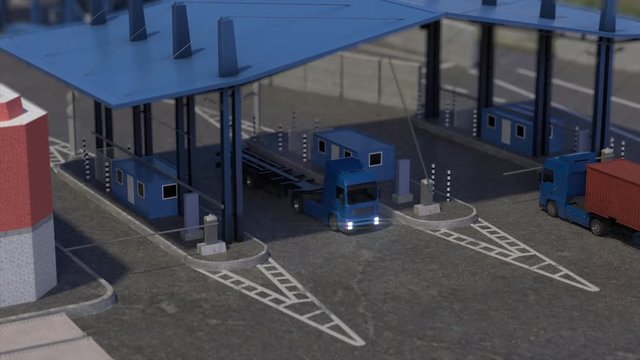 Blue truck driving up to checkpoint