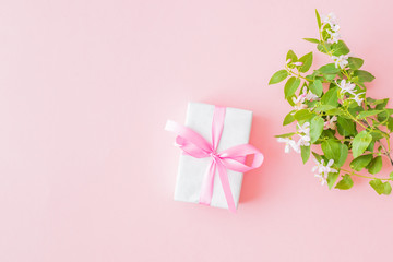 Flat lay composition with branches and green leaves and gift box on a pink background