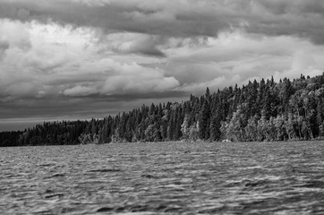 Tranquil landscape scene at Child's Lake at Duck Mountain Provincial Park in black and white