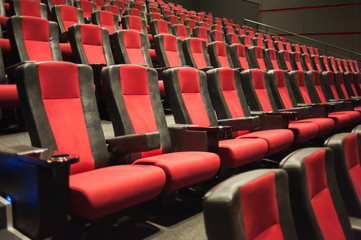 Naklejka premium Lviv, Ukraine - 04.02.2019: Planeta Kino cinema theatre before morning presentation. The cinema house. Inside. Mock up