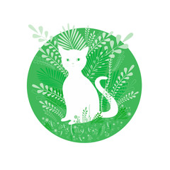 Cute white cat sit in foliage and flowers, in green colors tones, isolated on white background. Colorful decorative vector illustration with animal. Cartoon flat style,  card with a cat.