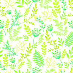 Fototapeta na wymiar Seamless pattern with leafs and flowers. Botanical floral backdrop, gentle romantic, naive wild flowers, spring, summer time, nature in bloom. Original floral vector texture