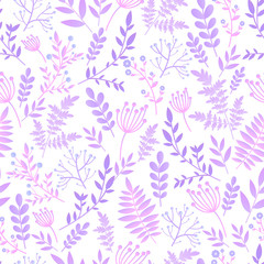 Fototapeta na wymiar Gentle fantasy romantic seamless pattern, naive flower with leaves, wild flowers, spring, summer time, nature in bloom. Pastel lilac colors, isolated white background. Original floral vector texture.