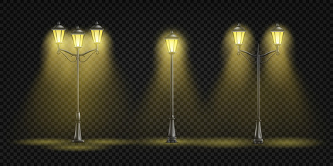 Vintage street lights glowing with yellow light 3d realistic vector set isolated on transparent background. Retro architecture design elements collection Victorian era lamppost, lantern illustration © vectorpocket