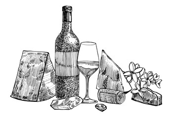 Composition of a bottle of wine, two glasses, parmesan cheese, grapes and leaves with olives. Hand drawn engraving style illustrations. Banners of wine vintage background. - 259762491