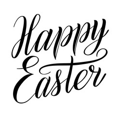 Obraz premium Happy Easter. Elegant design element for greeting cards. Black isolated cursive. Brush pen lettering. Calligraphic style. Hand written inscription. Vector holiday script.