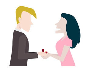  Man with an engagement ring proposing marriage to a smiling girl. Isolated. Flat style vector illustration.