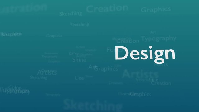Light blue background with different words, which deal with design. Close up. Copy space. 3D. Animatiom. 4K.