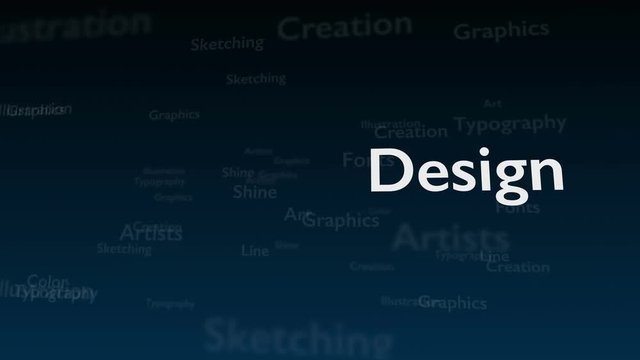 Deep blue background with different words, which deal with design. Close up. Copy space. 3D. Animatiom. 4K.