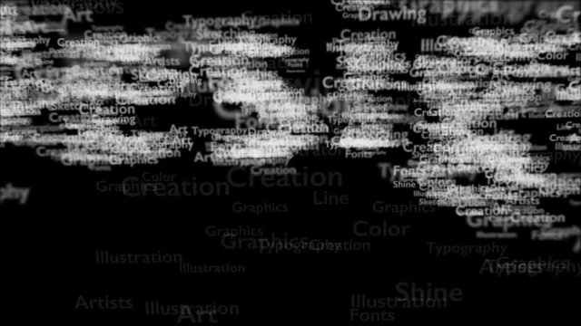 Black background with different words, which deal with design. Close up. Copy space. 3D. Animatiom. 4K.