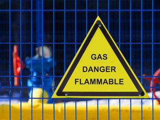 Warning sign dangerous flammable gas, gas equipment, storage area of industry
