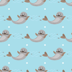 Wildlife print. Happy Cute seal animal seamless pattern