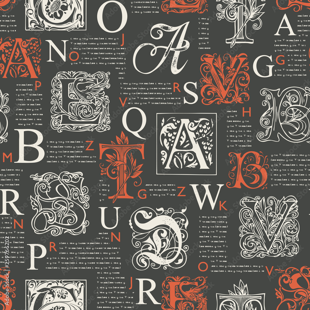 Poster vector seamless pattern with hand drawn alphabet letters on the background of magazine or newspaper 