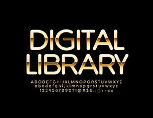 Vector bright Emblem Digital Library. Golden stylish Font. Glossy Alphabet Letters, Numbers and Symbols.