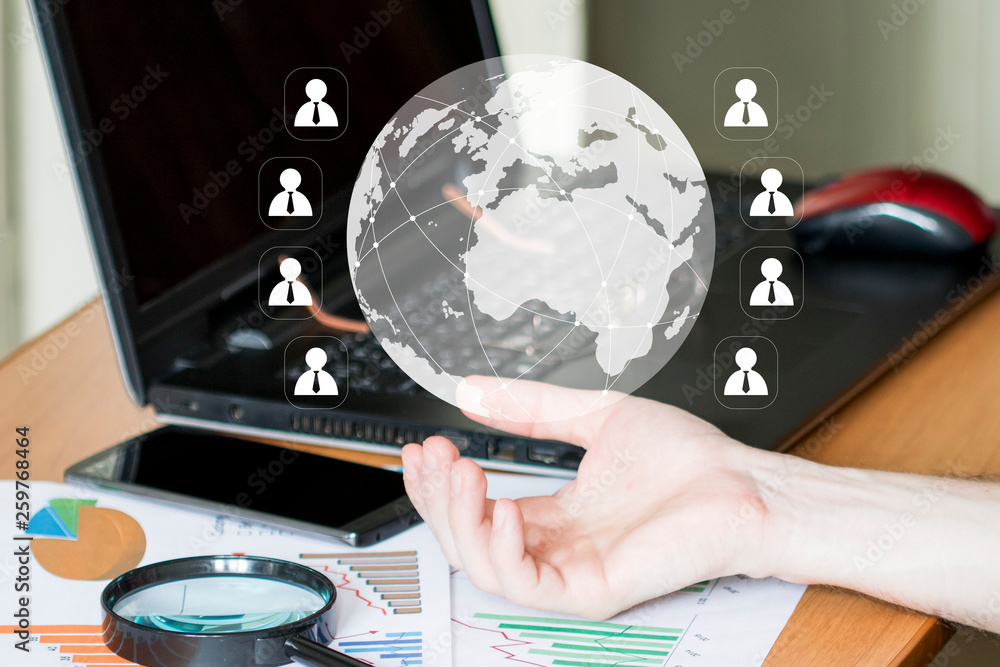 Poster businessman presses button map on virtual electronic user interface, work in office.